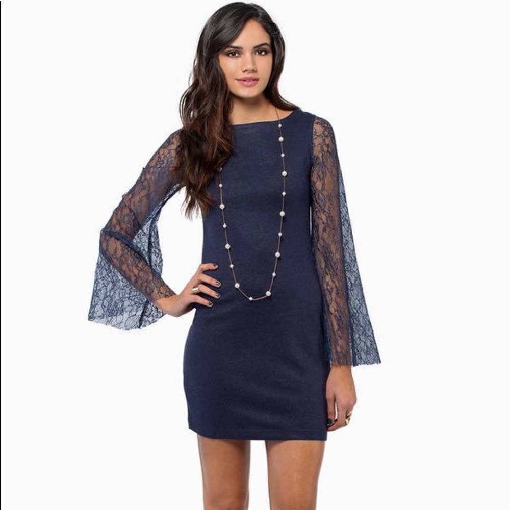 Navy Blue Lace Sleeve Dress